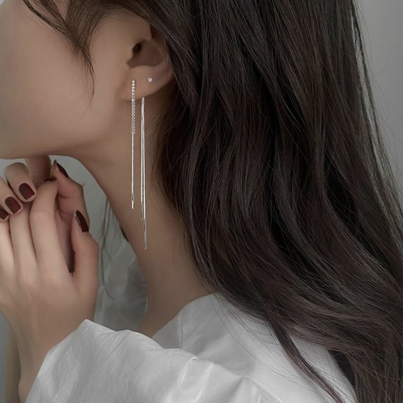 #NEW 925 Sterling Silver Diamond Chain Drop Earrings - Picture 4 of 8